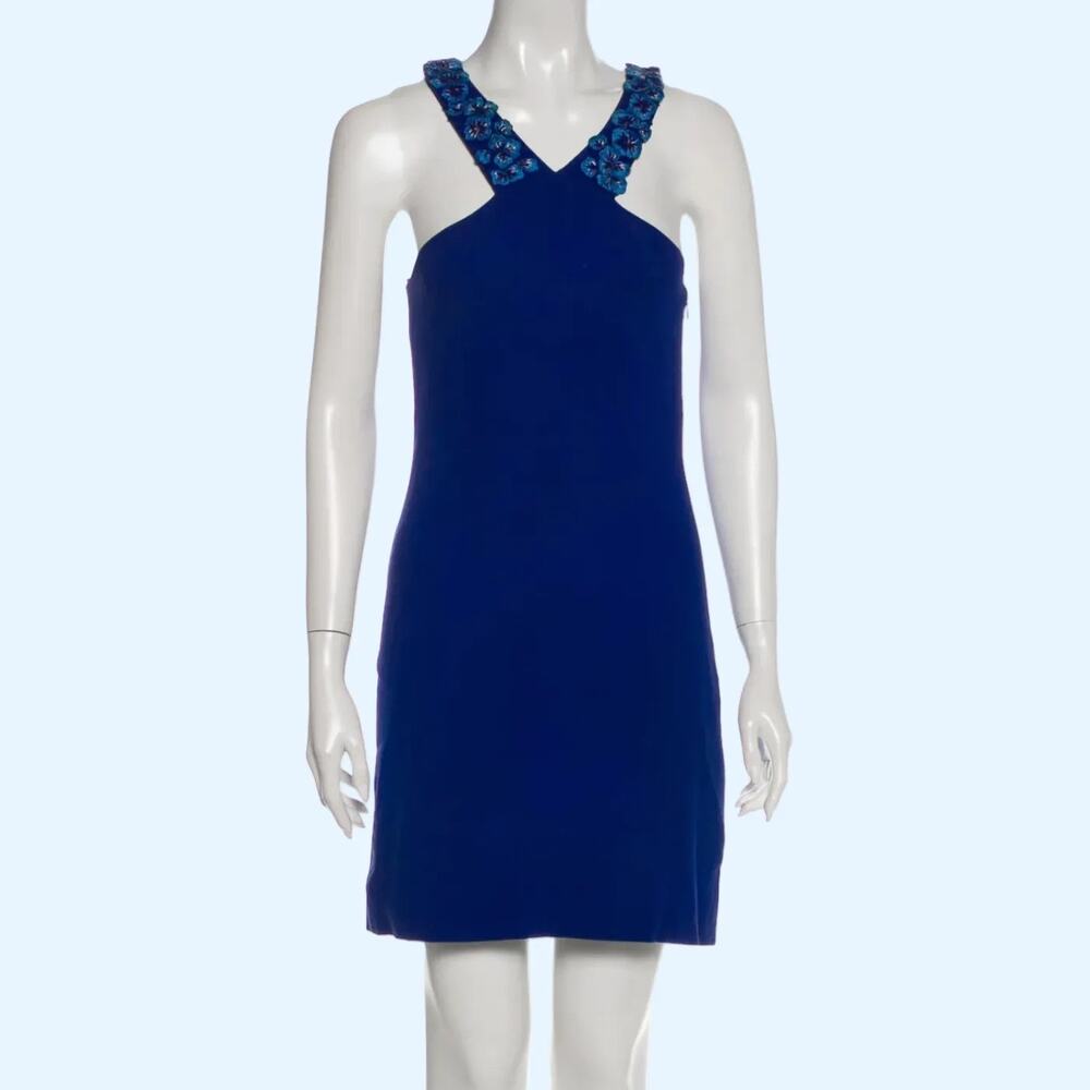 MATTHEW WILLIAMSON Blue Halter Mini Dress With Floral Embellishments